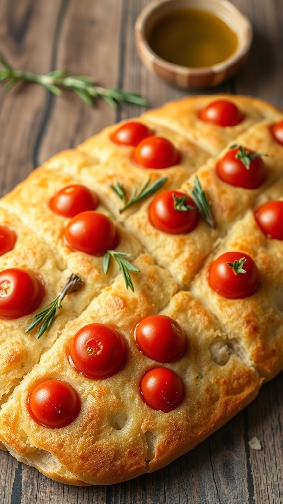 Tomato Focaccia Bread Recipe Golden brown tomato focaccia bread topped with cherry tomatoes and rosemary, served on a rustic table.